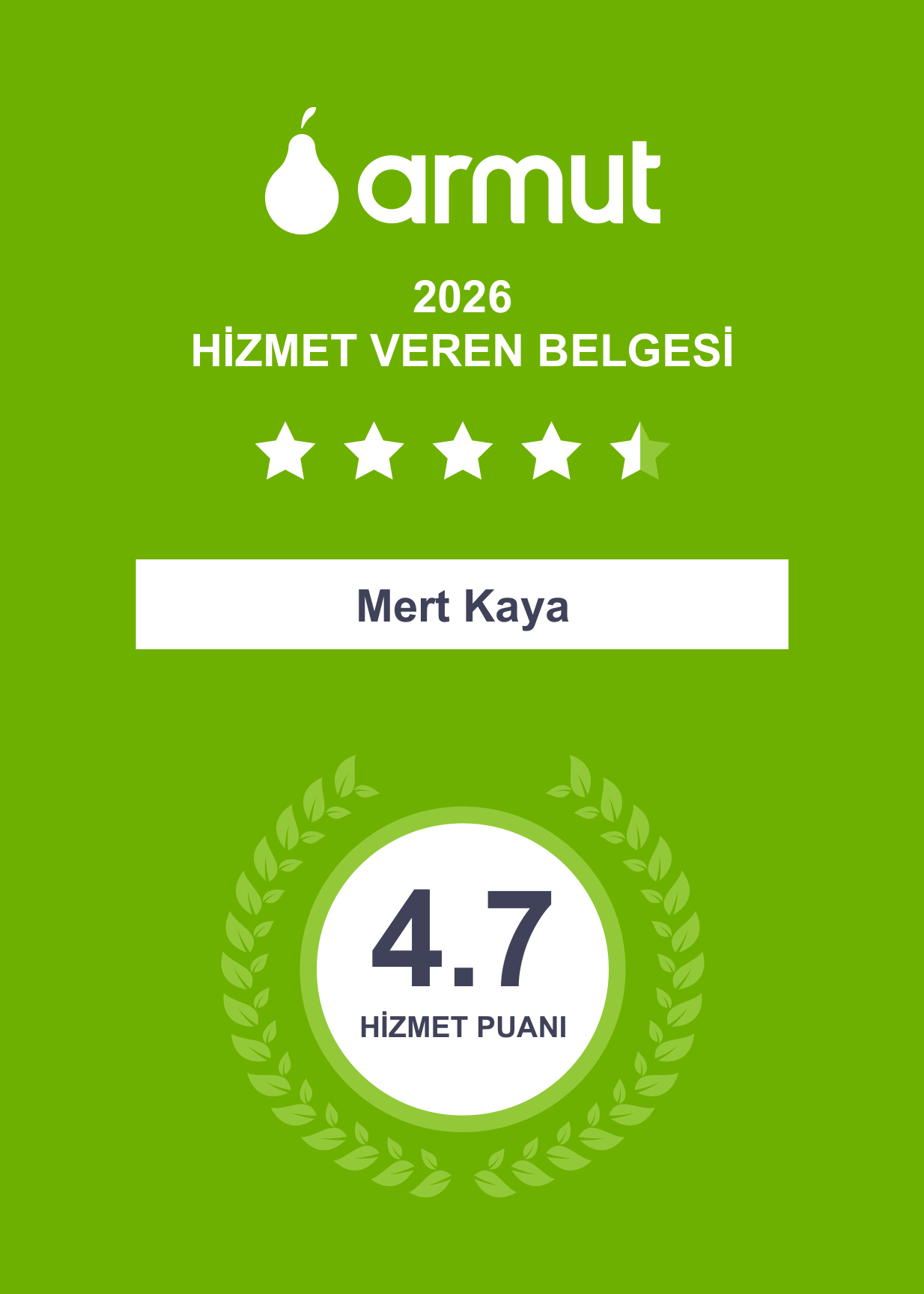 Armut.com 2026 Hizmet Veren Belgesi — Tesisatuzmanı, 4.7 hizmet puanı