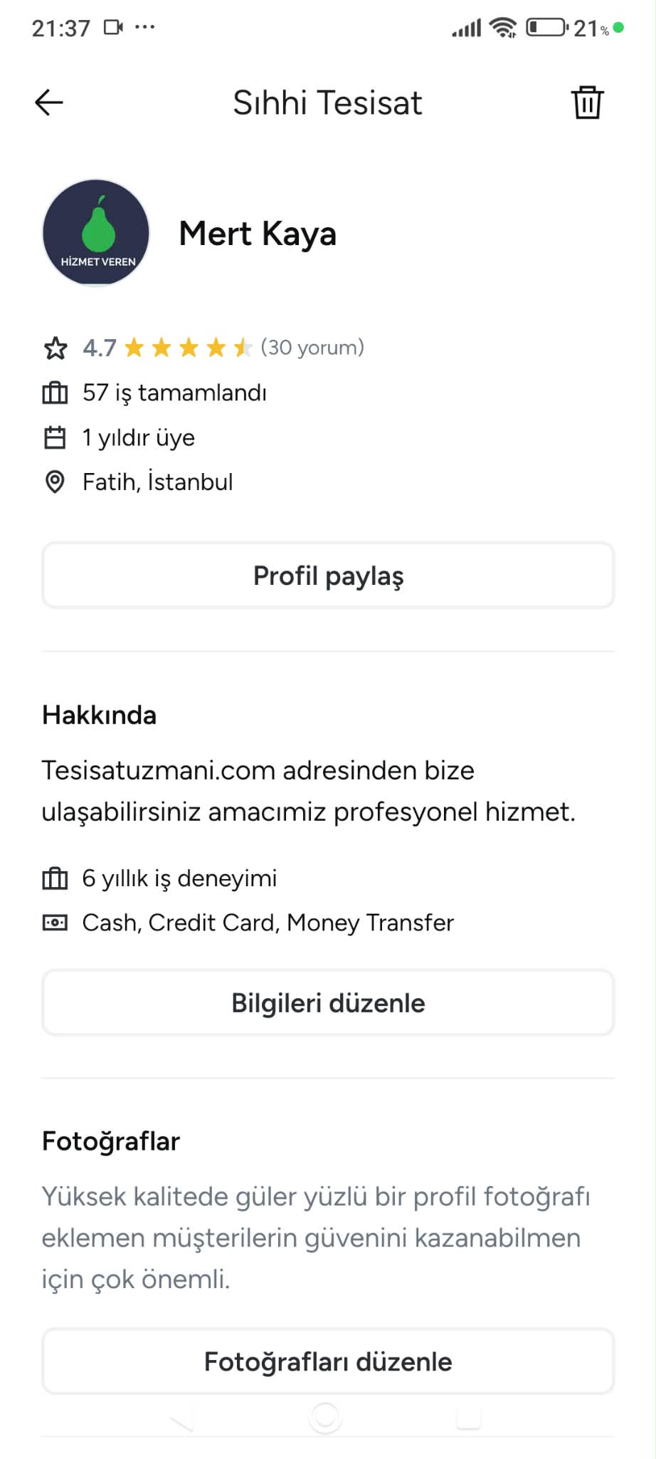 Armut.com'da Tesisatuzmanı profiline bırakılan gerçek müşteri yorumu — ekran görüntüsü 1