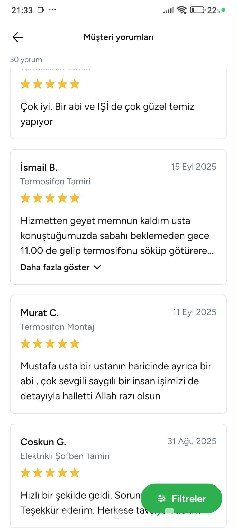 Armut.com'da Tesisatuzmanı profiline bırakılan gerçek müşteri yorumu — ekran görüntüsü 2