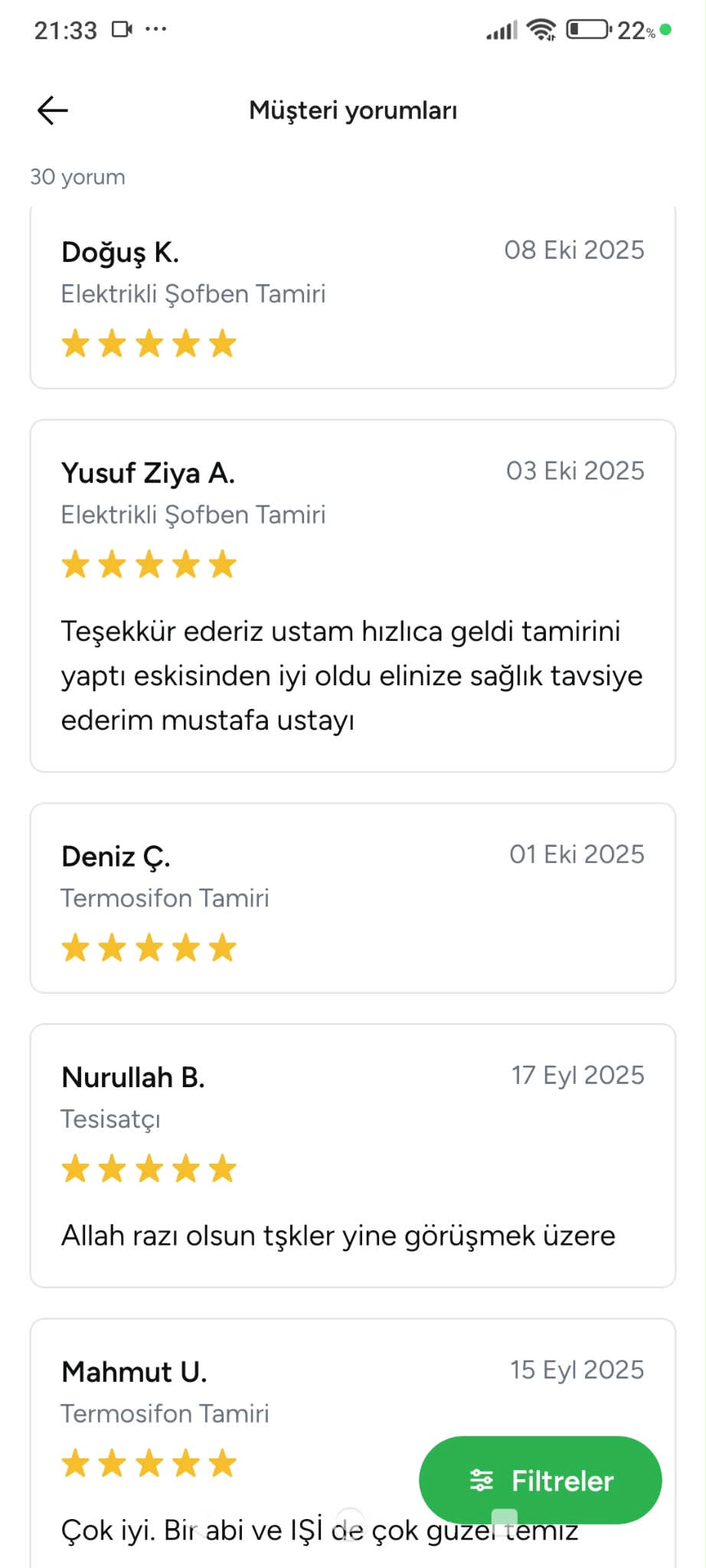 Armut.com'da Tesisatuzmanı profiline bırakılan gerçek müşteri yorumu — ekran görüntüsü 3