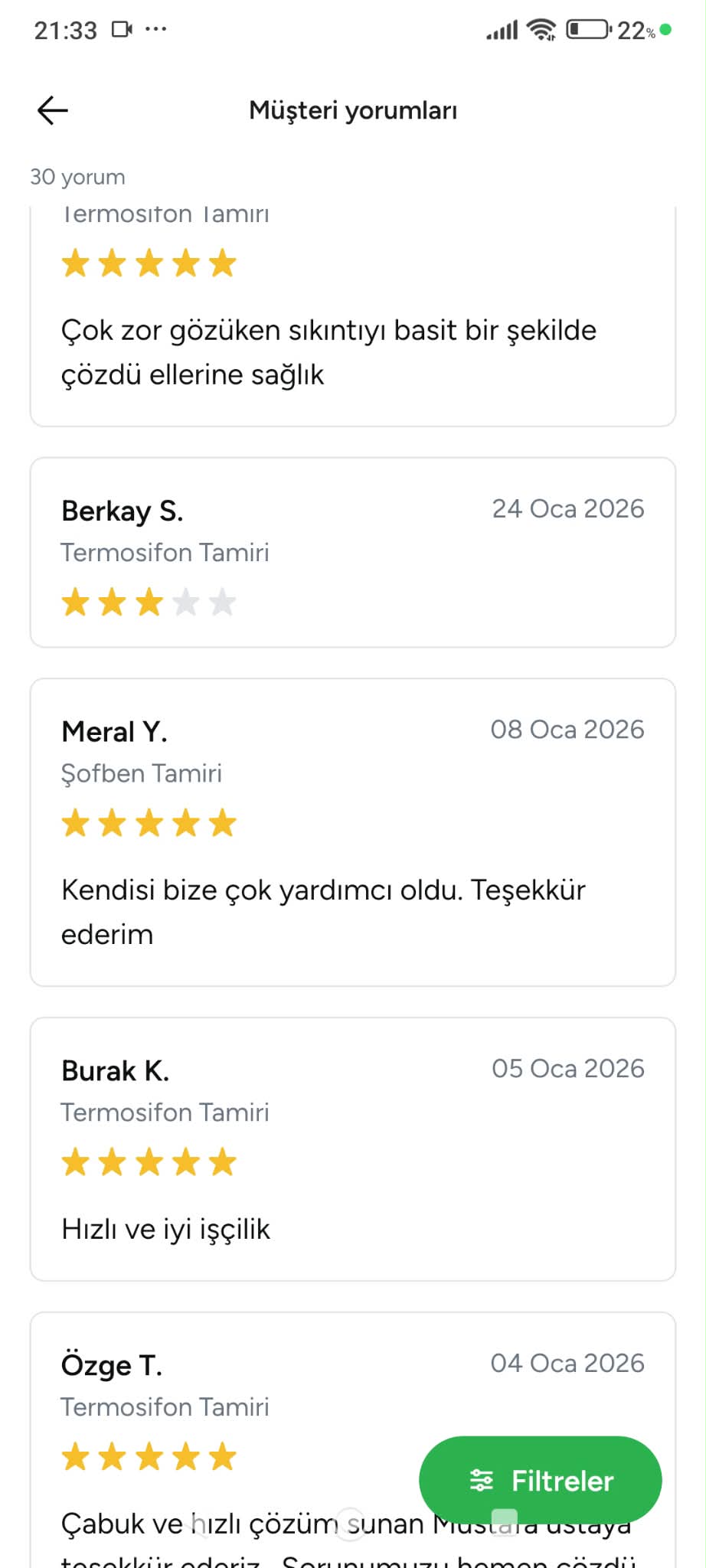 Armut.com'da Tesisatuzmanı profiline bırakılan gerçek müşteri yorumu — ekran görüntüsü 4