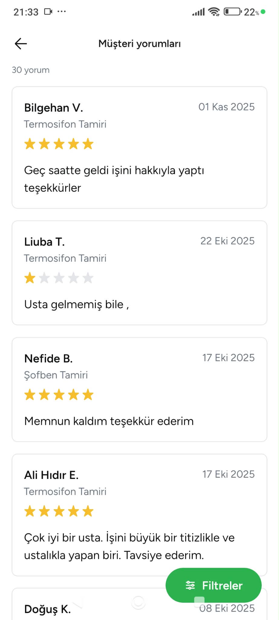 Armut.com'da Tesisatuzmanı profiline bırakılan gerçek müşteri yorumu — ekran görüntüsü 5