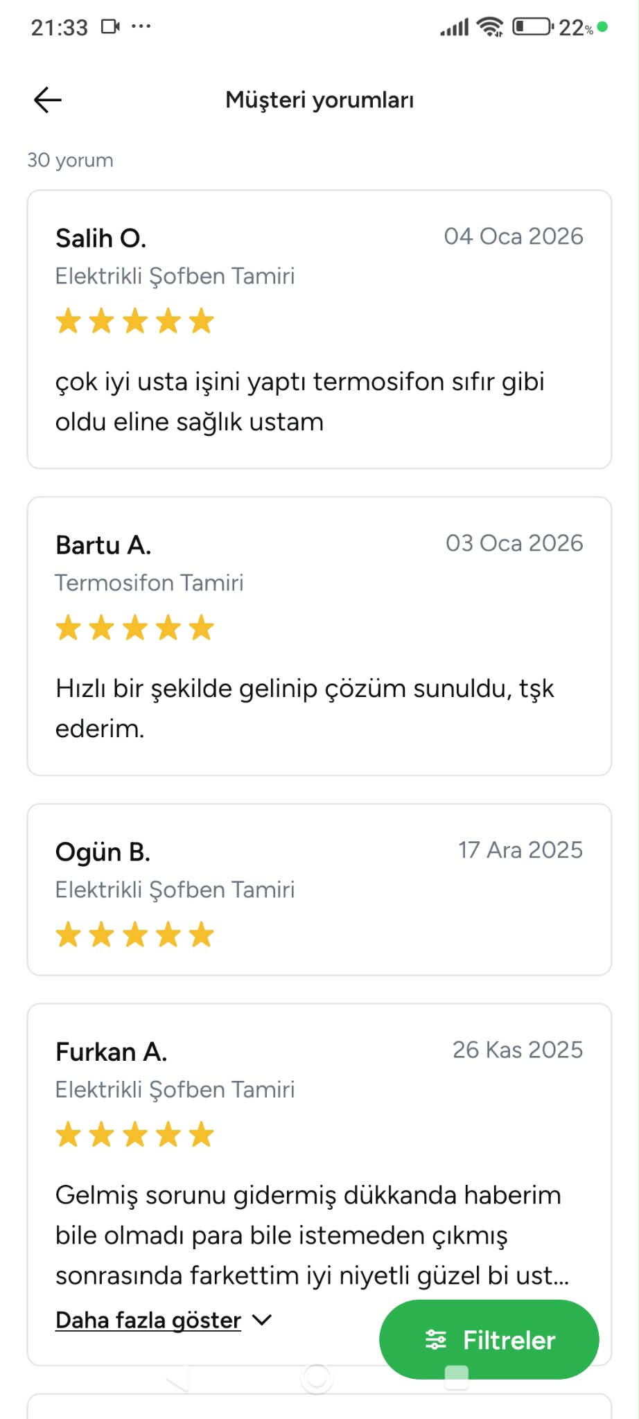 Armut.com'da Tesisatuzmanı profiline bırakılan gerçek müşteri yorumu — ekran görüntüsü 6