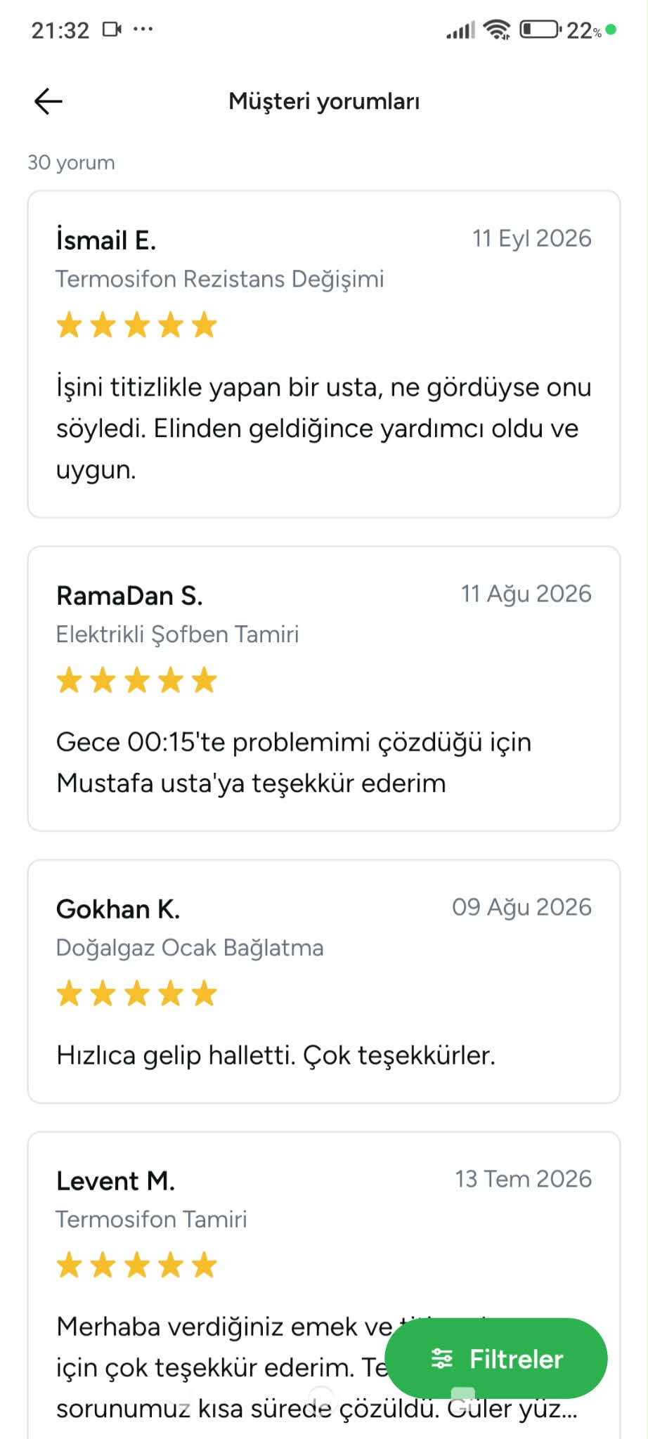 Armut.com'da Tesisatuzmanı profiline bırakılan gerçek müşteri yorumu — ekran görüntüsü 7