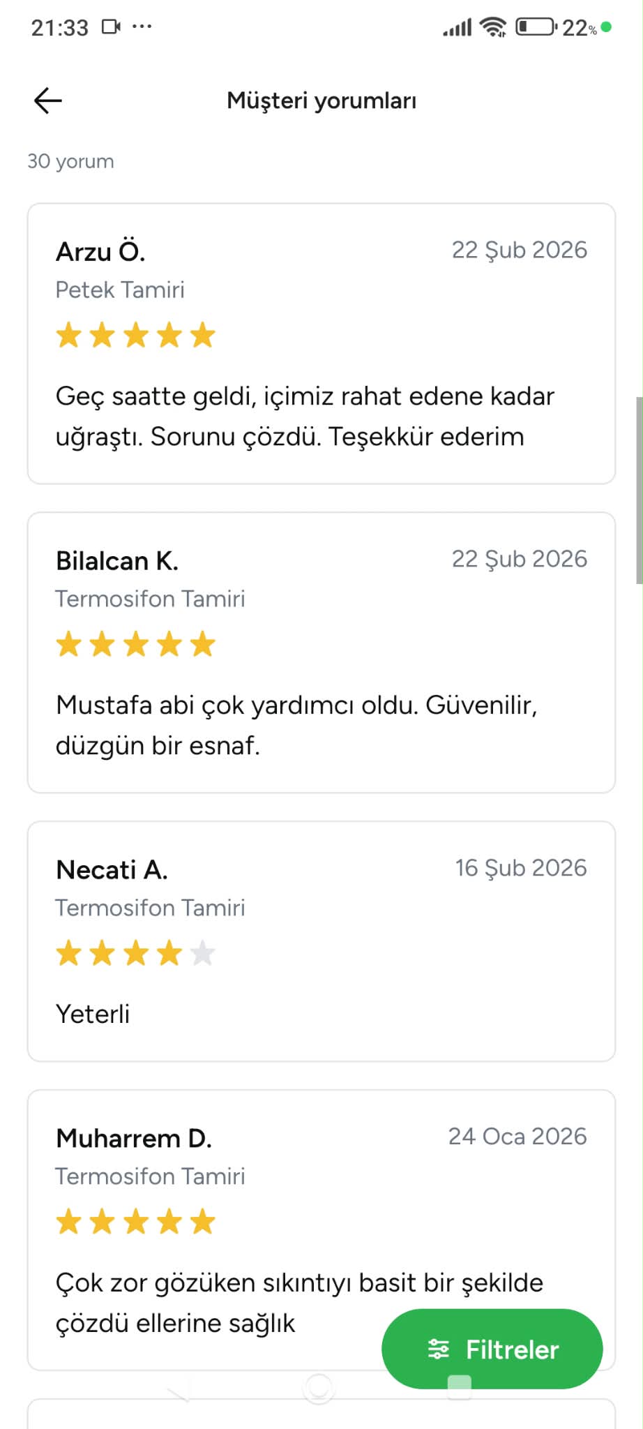 Armut.com'da Tesisatuzmanı profiline bırakılan gerçek müşteri yorumu — ekran görüntüsü 8